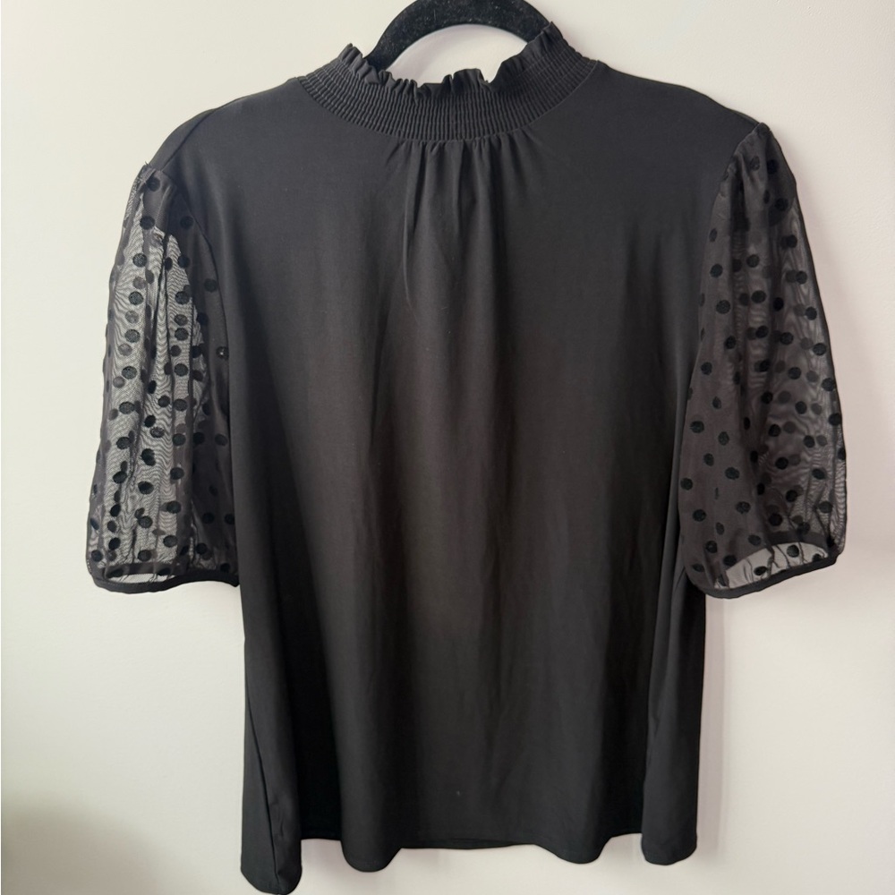 Anne Klein Black Blouse with Sheer Polka Dot Sleeves NWT
